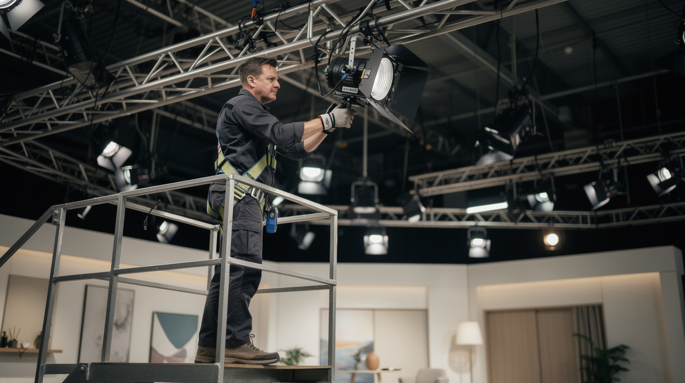 Lighting technician adjusting studio lights