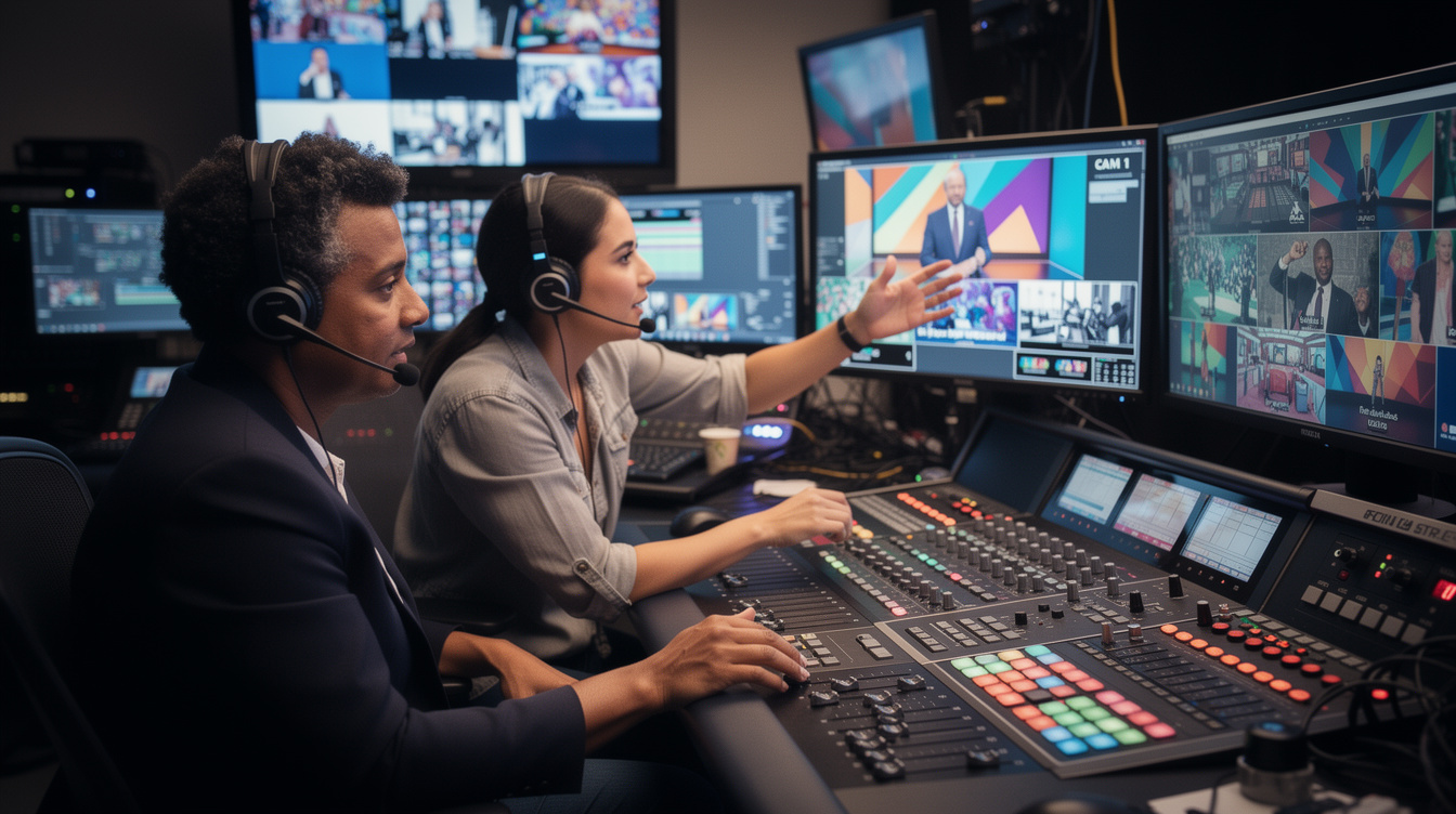 Director and producer working in a television studio control room